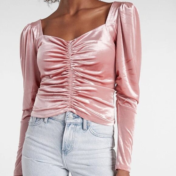 Express Tops - Express Sz XL Dusty Rose Blush Pink Ruched Front Stretch Velvet Long Sleeve Top